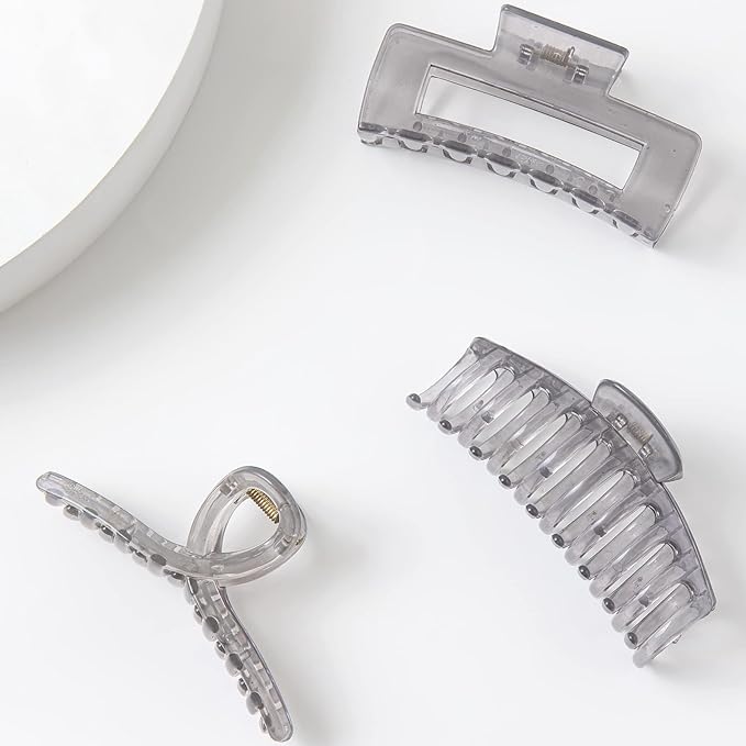 Large Hair Claw Clips for Thick/Fine/Thin Hair,Strong holding teeth interlocking Women Jaw Clips for Hair 3 Count In set(Smoky Grey)