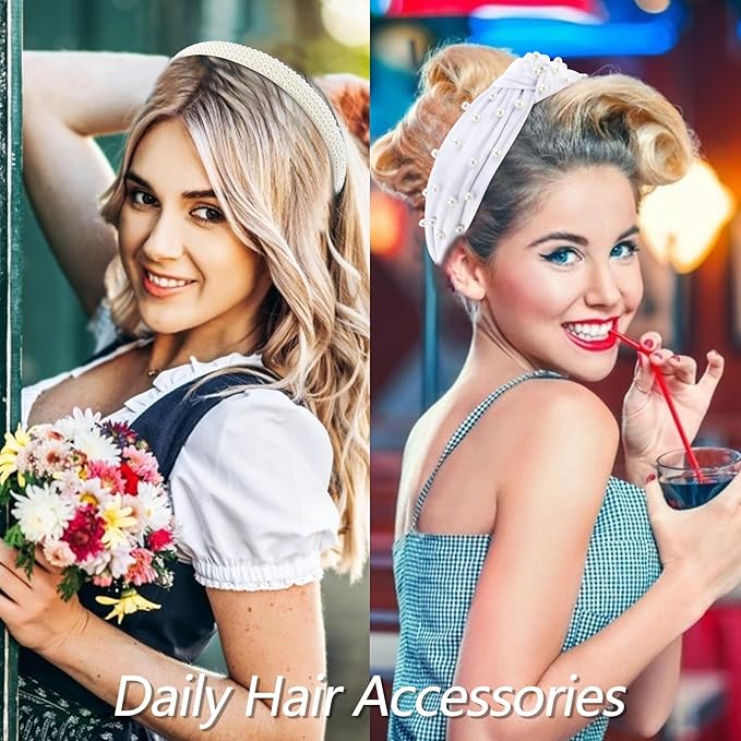 VELSCRUN Headbands for Women 7 Pcs Different Pearl Fashion Knotted Solid Head Bands Pearl Headband Non Slip Thin Hair Band for Womens Gilrs Thick Short Hair Face Wash Hair Accessories