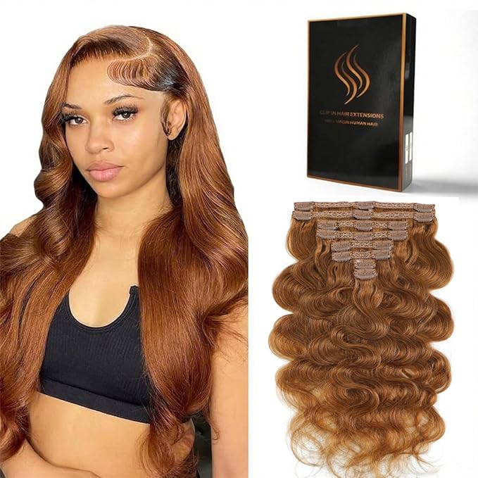 Clip in Hair Extensions Real Human Hair Body Wave 30 Auburn Ginger Clip in 100% Brazilian Remy Human Hair Extensions 8pcs Per Set with 18 Clips Double Weft 20 Inch 105g/3.6oz