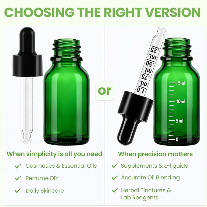 50 Pcs 1/2oz Green Glass Dropper Bottles with Measurement, 30ml Leakproof Tincture Bottles with Funnels, Eye Droppers, Extra Caps & Labels, Refillable Empty Bottles for Tinctures, Essential Oils