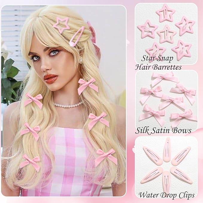 24Pcs Pink Mini Bow Hair Clips Y2K Star Snap Hair Barrettes Water Drop No Slip Hair Clips for Women Small Hair Bows Cute Bowknot Star Hair Pins Accessories for Girls