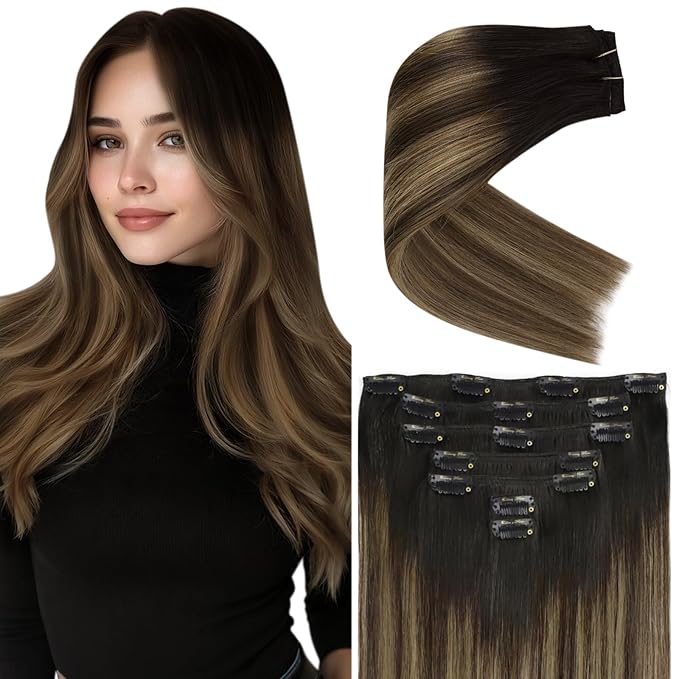 Ve Sunny Clip in Hair Extensions Real Human Hair Black Ombre Human Hair Clip in Extensions Black Balayage Brown with Blonde Clip in Human Hair Extensions 22inch 120g
