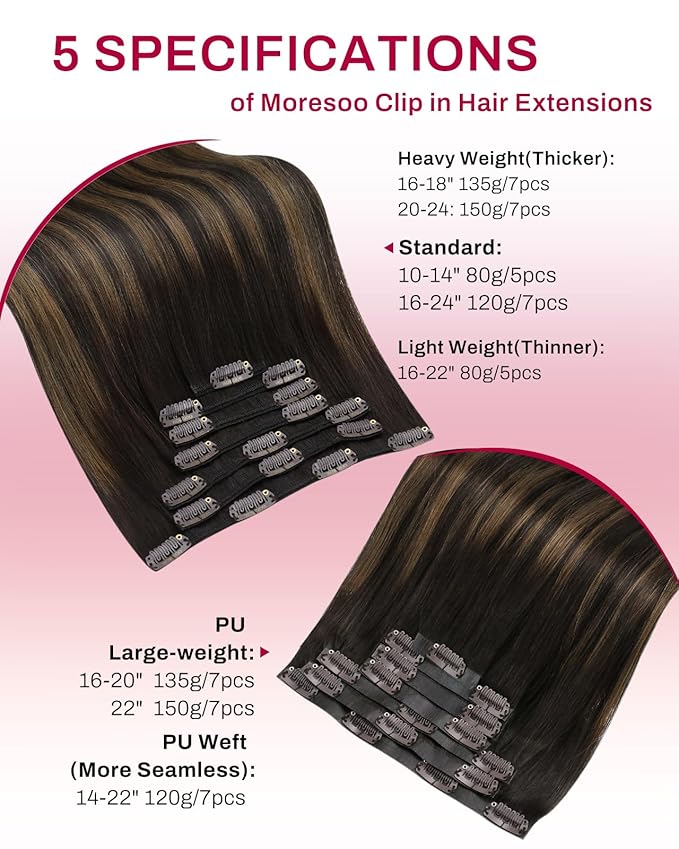 Moresoo Seamless Clip ins Human Hair Dark Brown to Chestnut Brown Balayage Clip in Extensions Real Human Hair Seamless Pu Weft Long for Women Thick 135g/7pcs 18inch