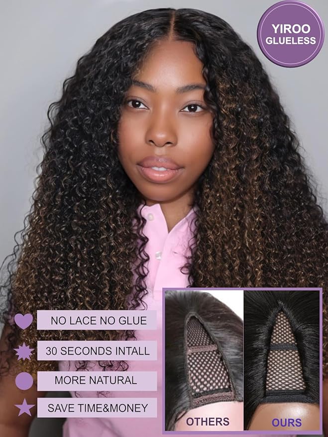 YIROO EasiContour V Part Ombre Brown Human Hair Wig Curly 12A Glueless Upgrade U Part Wig Ombre Black to Chestnut Brown No Leave Out V Shape Clip Wigs Ready to Go 150% Density Beginner Friendly 26Inch