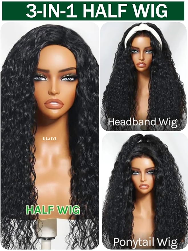 KLAIYI Water Wave 3 In 1 Flip Over 3/4 Half Wig Human Hair Curly Flip Over Seamless Blend Edges Glueless Wear and Go Drawstring Headband Clip In Wigs for Women Ready to Go Wig Beginner Friendly 22Inch
