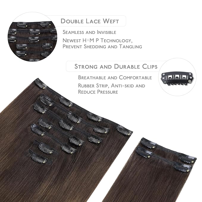 WENNALIFE Clip in Hair Extensions Real Human Hair, 18 Inch 150g 9pcs Remy Hair, Ombre Dark Brown to Light Chestnut Brown Straight Natural Extensiones De Cabello Humano Con Clip Ins