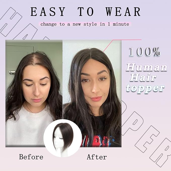 Human Hair Toppers for Women with Thinning Hair, 10 Inch, Dark Brown