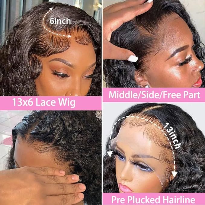 BVLBVL 34 inch Deep Wave Lace Front Wigs Human Hair 180 Density 13x6 HD Lace Frontal Wig Curly Wig Pre Plucked Wet and Wavy,Real Human Hair No Synthetic Blend No Tangle No Shedding Triple Lifespan 3X