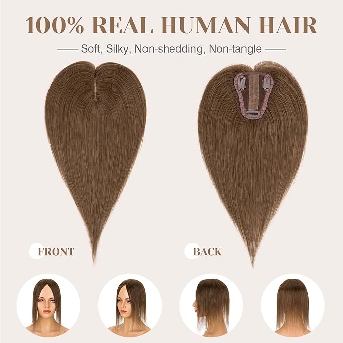 S-noilite Hair Toppers for Women Real Human Hair 3D 360° Cover Clip in 100% Real Human Hair Toppers 3″*4″ Clip in Silk Base 12 inch Meduim Brown
