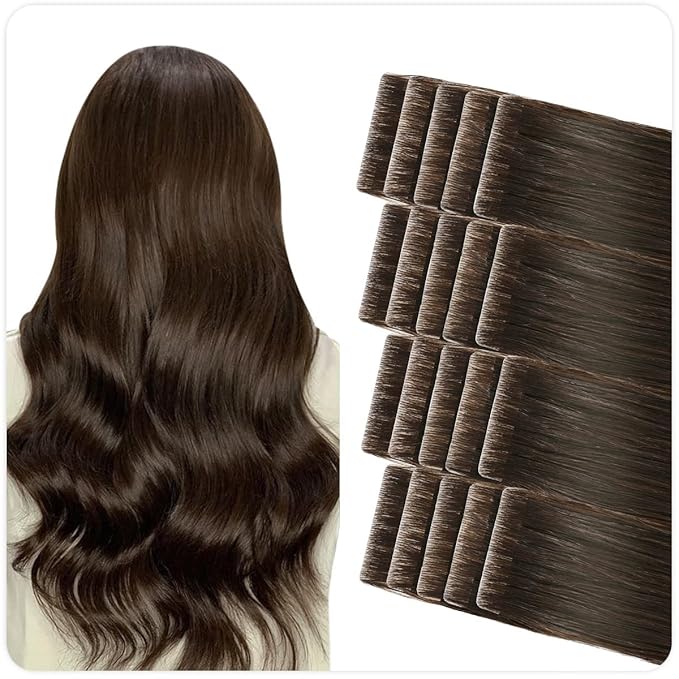 SUYYA Invisible Tape in Hair Extensions Human Hair Darkest Brown Seamless Injected Hand-Tied Pro Quality Virgin Human Hair 20PCS 50G/Pack Straight Tape Ins(22 inch #2 Darkest Brown)