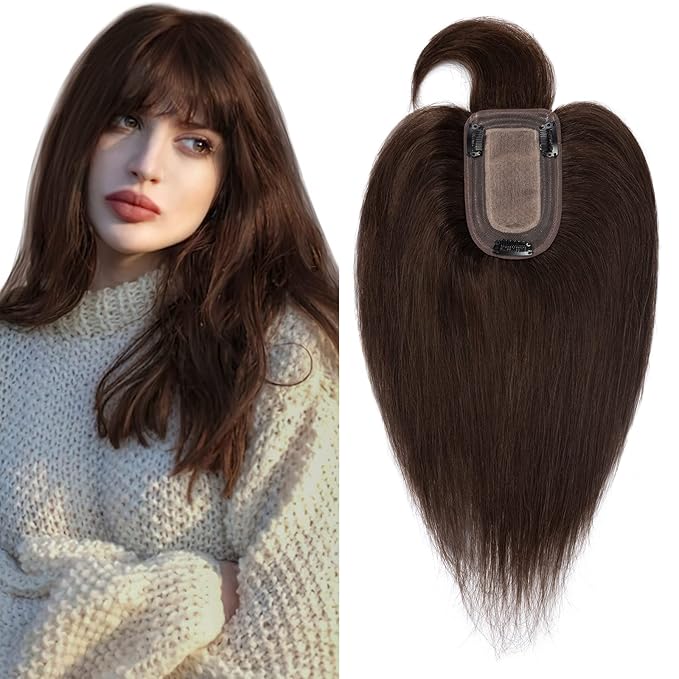 SEGO Hair Toppers for Women Real Human Hair with Thinning Hair, Toppers Hair Pieces Clip in Toppers Straight Hair Pieces with Front Bangs 150% Density Silk Base -10 Inch #2 Dark Brown