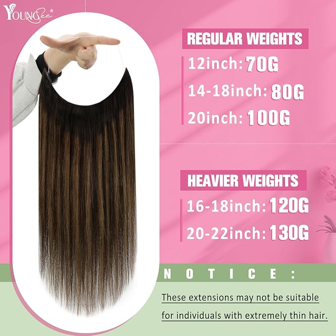 YoungSee 120G Human Hair Wire Extensions Balayage Invisible Wire Hair Extensions Darkest Brown Balayage Medium Brown Fish Line Extensions Hair Easy to Use 18Inch