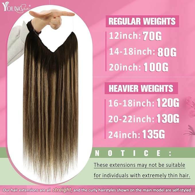 YoungSee 130G Wire Hair Extensions Real Human Hair Chocolate Brown Balayage Caramel Blonde Wire Hair Extensions Brown Fish Line Extension Remy Hair 22Inch