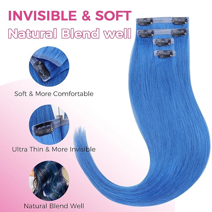 Lashey Seamless Clip in Hair Extensions Human Hair 58g 4pcs Blue Clip in Hair Extensions Real Human Hair with Invisi Edge 24 Inch Long Straight
