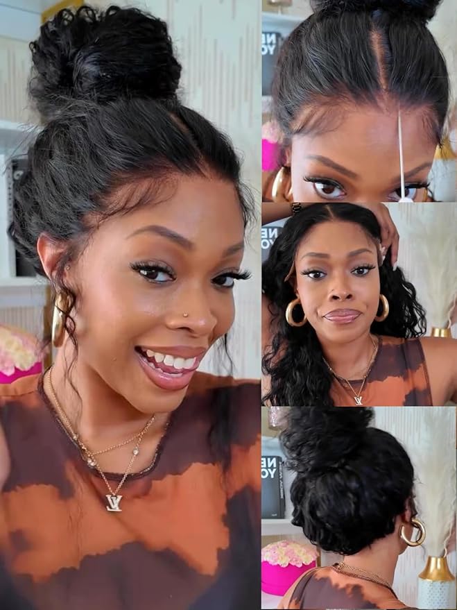 KLAIYI Water Wave HD Real Scalp Glueless Precut 13x4 Lace Front Human Hair Wig Drawstring Bye Bye Knots Pre Plucked Bleached Pre Everything 30S Ready to Wear and Go Deep Curly Wave Beginner Wig 20Inch