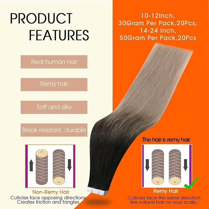Full Shine Ombre Tape in Hair Extensions 12Inch Real Human Hair Tape in Extensions Color 1B/18 Black Fading to Ash Blonde Balayage Hair Extension Real Human Hair 20Pcs 30G Seamless Skin Weft Soft Hair