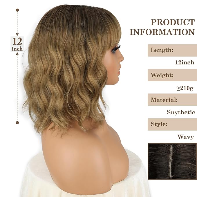 MISSQUEEN Short Dark Blonde Wavy Bob Wig with Bangs Honey Blonde Wig for Women Natural Heat Resistant Fiber Synthetic Curly Hair for Daily Party Chrismas Halloween Used (12 Inches)