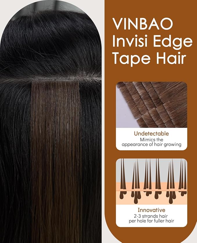 VINBAO Invisible Tape in Extensions Human Hair 50g 18in 20pcs Chocolate Brown Highlights Dark Blonde Seamless Injected Tape Ins Extensiones De Cabello 18inch #4P27
