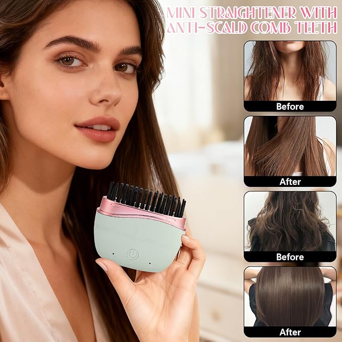 Mini Straightener, New Cordless Rechargeable Portable Hair Straightener Brush, 3-Speed Temperature Control, Anti-Scald Shell, Lightweight & Portable Travel (Green)