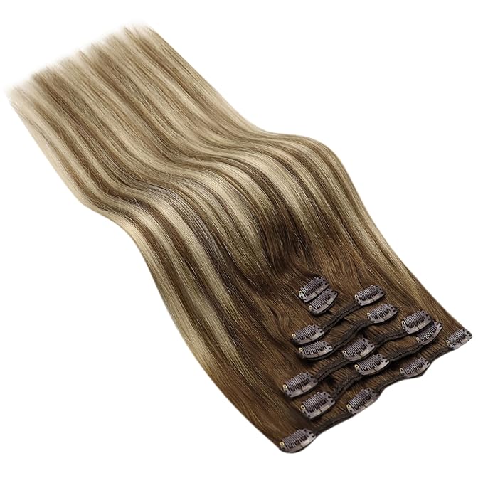 Ve Sunny Balayage Clip in Hair Extensions Real Human Hair Brown Blonde Human Hair Clip in Extensions Balayage Chestnut Brown with Blonde Ombre Clip in Human Hair Extensions 80g 5pcs 12Inch