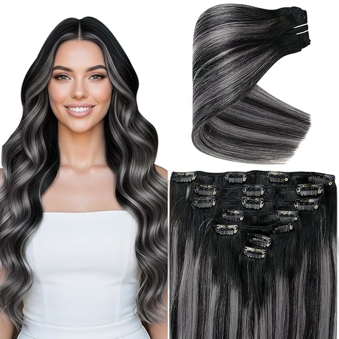 Ve Sunny Real Hair Extensions Clip in Human Hair Black Ombre Grey Balayage Remy Clip in Hair Extensions Human Hair Full Head Set 18inch 7pcs 120g