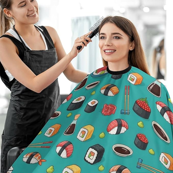 Women Seafood Sushi Prawn Wasabi Japanese Barber Hairdressing Cape, Full Coverage Hairdressing Haircut Apron for Barbers, Haircut Tools