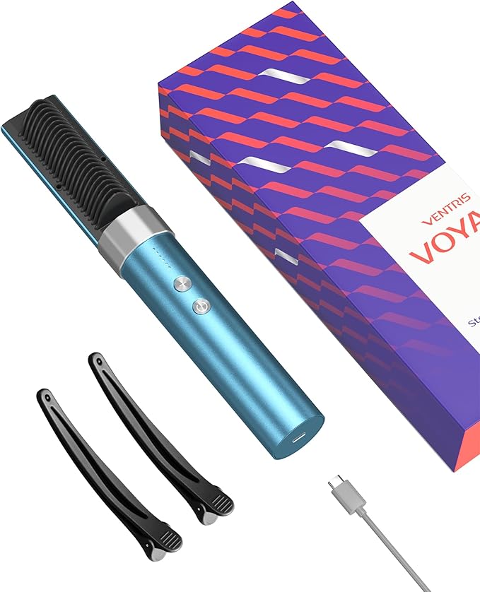 VENTRIS Cordless Ionic Hair Straightener Brush, Anti-Frizz Fast Heating Portable Hair Straightening Travel Hot Comb for Women, VOYA Series