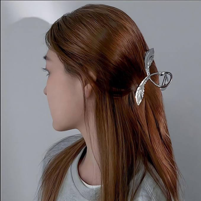 Silver Feather Metal Hair Claw Clips, 1Pcs 4.52Inch Elegant Hair Claw Clips for Thin Thick Hair Accessories Alloy Feather Hair Claw Nonslip Ponytail Holder Shark Claw Women Girls