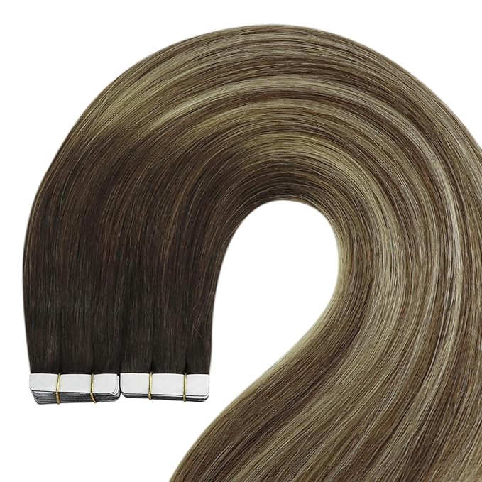 YoungSee Tape in Extensions Balayage Tape in Hair Extensions Human Hair Ombre Dark Brown to Brown with Blonde Tapes on Hair Extension 20pcs Real Hair 22In Long Hair Extension 50g for Parties