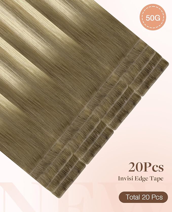 GOO GOO Invisi Edge Tape in Hair Extensions Human Hair, 9/60 Balayage Ash Brown to Platinum Blonde, 20pcs 16inch 50g, Virgin Remy Hair, Seamless Injected Tape, Natural Look