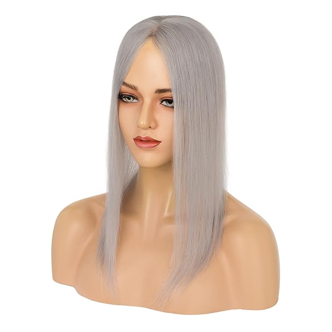 Hairro Human Hair Toppers Free Parted, 3.5x4.7" Base Hand-wovened 100% Real Hairpieces, with Invisible Clips-in for Women, for High Hairline/Adding Volume on Top, 14 Inch Grey