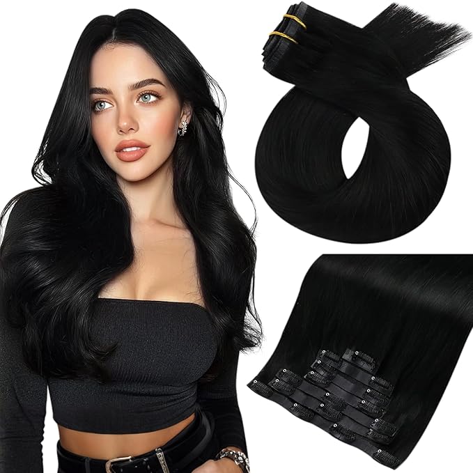 Moresoo Black Seamless Clip in Hair Extensions 18Inch Invisible PU Weft Seamless Hair Extensions Clip ins Real Human Hair Jet Black #1 Full Head 7pcs 120g