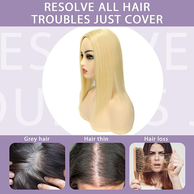 12 Inch Length Hair Toppers for Women with Thinning Hair, 3x5 Inch Injected Silk Base 130% Density Hairpieces #613 Bleach Blonde