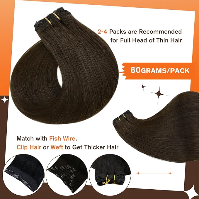Full Shine Seamless Hair Extensions Clip in Dark Brown Hair Extensions Clip ins Brown Invisible Clip in Hair Extension Remy Hair for Short 12 Inch 3 Pcs 60 G