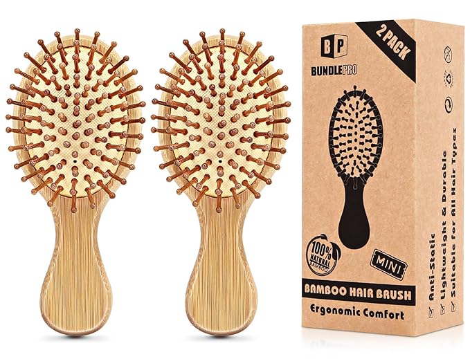 Pack of 2 Hair Brush with Natural Boar Bristles, Massages Scalp Anti-Static Hair Detangle for All Types, Lightweight(MINI)