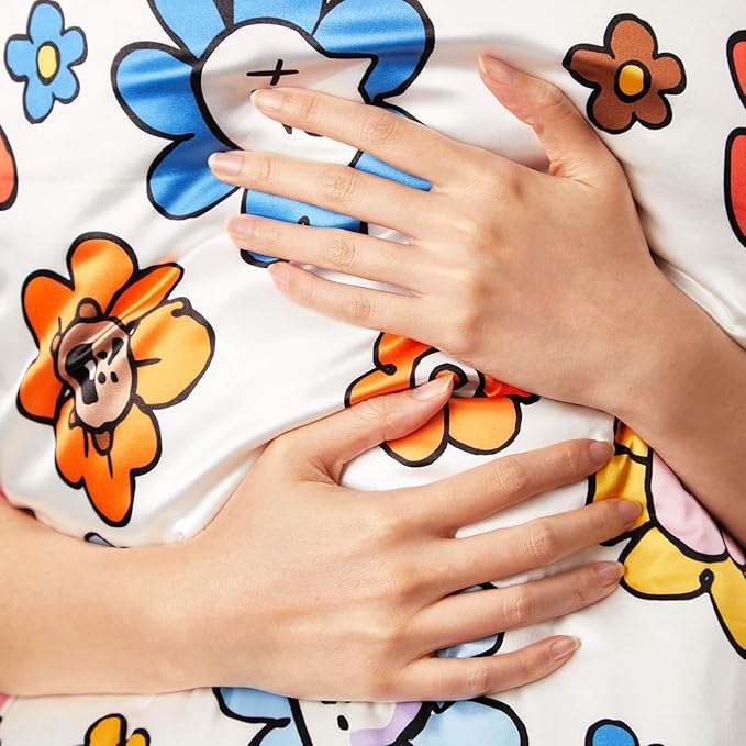 Kitsch x BT21 Satin Pillowcase with Zipper – Better Than Silk Pillowcase, Shooky Character & Funky Floral Print – Soft Cooling Toddler Bed Time Pillow Case for Hair & Skin – Queen/Standard 19x26