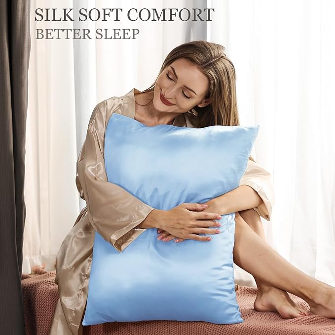 Adubor Mulberry Silk Pillowcase for Hair and Skin with Hidden Zipper, Both Side 23 Momme Silk, 900 Thread Count (20x30inch, Queen Size, Sky Blue, 1pc)