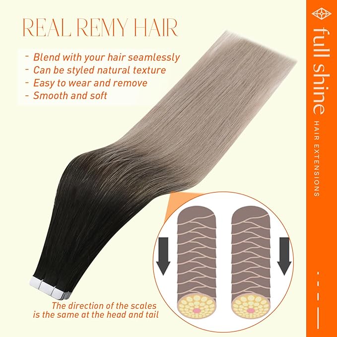 Full Shine Balayage Tape in Hair Extensions Human Hair 22Inch Color 1B Off Black Fading to Ash Blonde 18 Seamless Skin Weft Human Hair Tape in Extensions 50 Gram 20 Pcs Remy Hair Extensions Tape ins