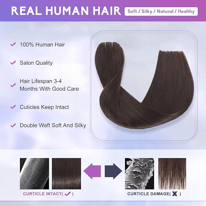 Dark Brown Clip in Hair Extensions Real Human Hair Invisible Seamless Remy Human Hair Clip in Extensions for Women 16 Inch 90g, 8pcs Per Set with Double Weft