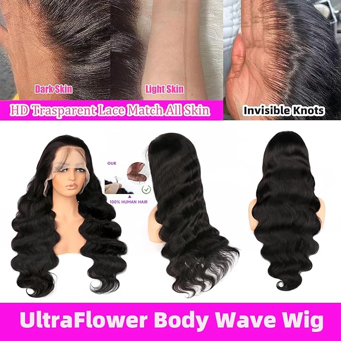 30 Inch 13x6 Body Wave Lace Front Wigs Human Hair 200 Density HD Lace Front Wigs Pre Plucked Brazilian Virgin Human Hair Wigs for Women Glueless Full Lace Frontal Wig Natural Black Body Wave Wig