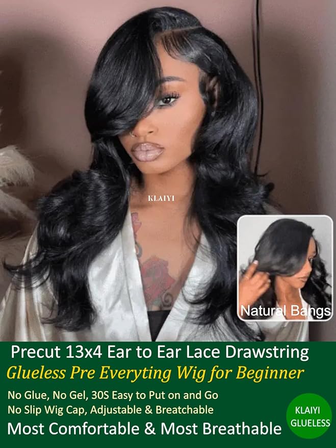 KLAIYI Pre Everything Glueless Layer Side Part Loose Body Wave 13x4 Lace Front Wigs Human Hair Drawstring Curtain Bangs Face framing Pre Bleached Knots Pre Plucked 3S Ready to Put On and Go Wig 22Inch