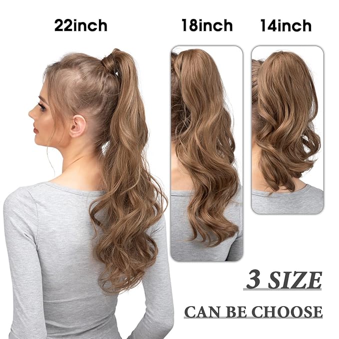 CJL HAIR 22" Long Ponytail Hair Extension Wrap Around Pony Tail Clip in Curly Wavy Synthetic Fake Hairpiece for Women Dark Brown