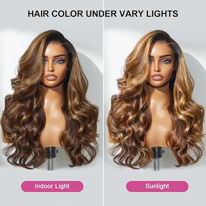 210% Density 13x6 Highlight Ombre Full Lace Frontal Wigs Human Hair 12A Body Wave Brazilian Human Hair Pre Plucked 4/27 Honey Blonde HD Glueless Transparent Lace with Baby Hair 26 Inch
