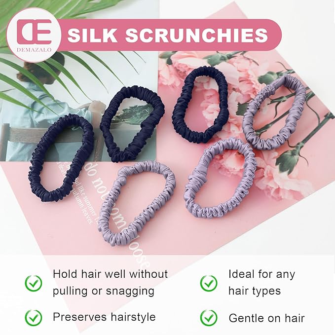 6Pcs Silk Hair Ties Small 22 Momme 100% Pure Mulberry Silk Scrunchies for Women Girls Thin Skinny Hair Sleep Scrunchies No Damage(Color 11)