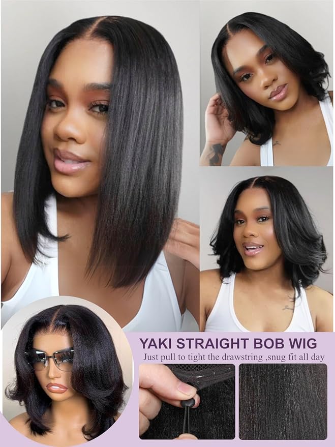 YIROO Yaki Straight Bob Human Hair Drawstring Wigs Pre Cut 7x5 HD Lace Front Wig Bye Bye Knots Glueless Yaki Short Bob Human Hair Wigs Pre Plucked Invisible Knots 150% Density Ready to Go 14Inch