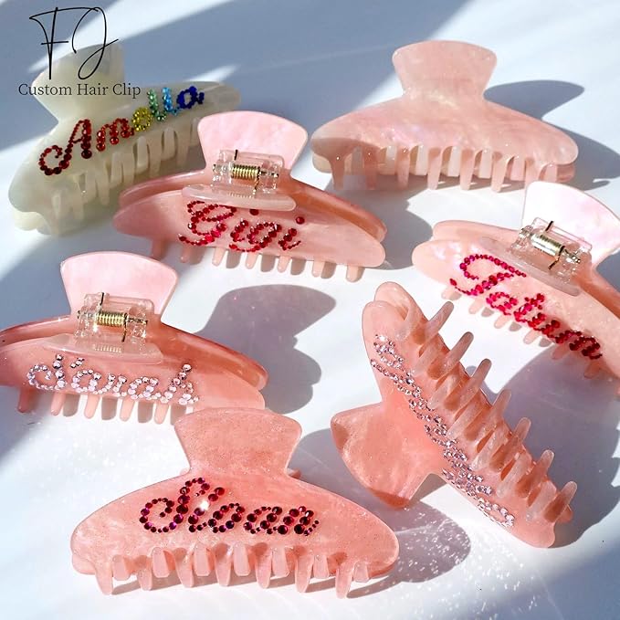 Personalized Colorful Name Hair Claw Clips for Women,Custom Hair Clips with Diamond,Cute Hair Accessories 4",Handmade Rhinestones Hair Clamp Gifts for Mom,Bride,Wife,Bridesmaid（Flash Pink）