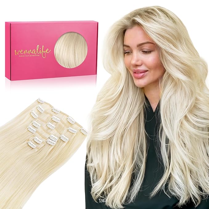 WENNALIFE Clip in Hair Extensions Real Human Hair, 20 Inch 120g 7pcs Platinum Blonde Hair Extensions Clip in Human Hair Remy Clip in Hair Extensions Real Human Hair Double Weft