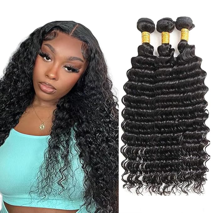 30 32 34 Inch Color 1B Bundles Human Hair Natural Black Deep Wave Bundles Niegmeag Peruvian Virgin Soft and Silky Hair Extensions Color 1B Deep Wave Bundle