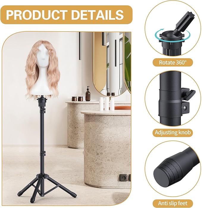 Relx Wig Head Stand - Adjustable Mannequin Head Stand - Wig Stand for Styling - Wig Stand Tripod for Cosmetology Hairdressing Training (Head Not Included)