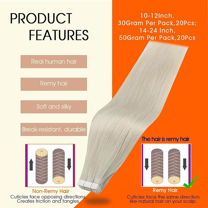 Full Shine Tape in Extensions Ice Blonde Seamless Tape in Hair Extensions Human Hair 18Inch Long lasting Adhesive Invisible Skin Weft Cuticles Aligned Bridal Hairstyles 50G 20Pcs